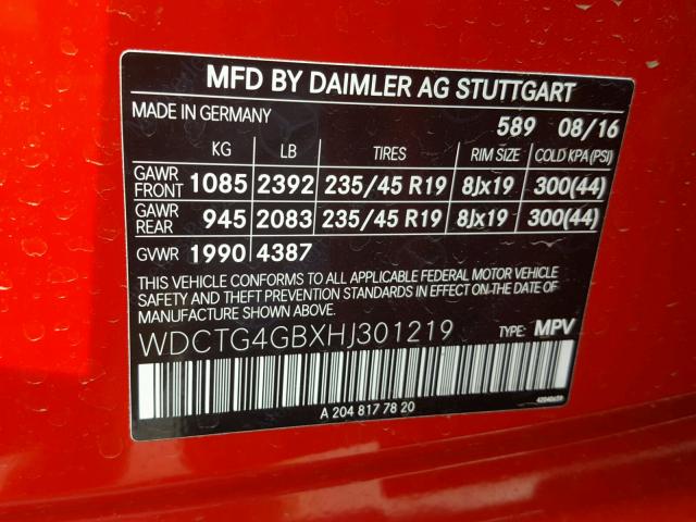 WDCTG4GBXHJ301219 - 2017 MERCEDES-BENZ GLA 250 4M RED photo 10