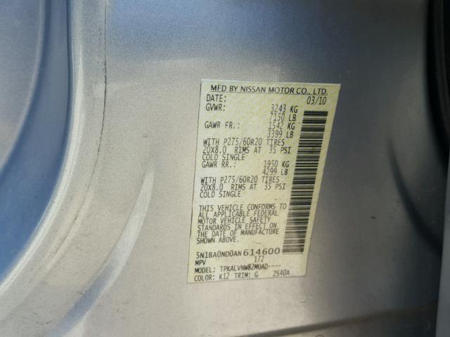 5N1BA0ND0AN614600 - 2010 NISSAN ARMADA SE SILVER photo 10