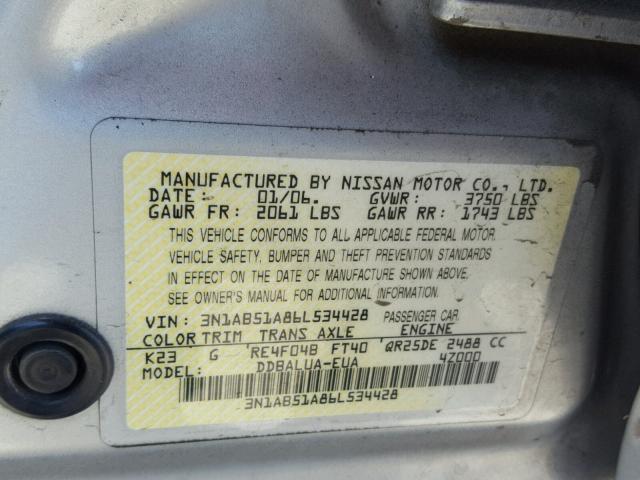 3N1AB51A86L534428 - 2006 NISSAN SENTRA SE- SILVER photo 10