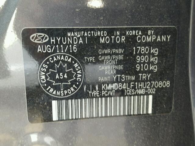 KMHD84LF1HU270808 - 2017 HYUNDAI ELANTRA SE GRAY photo 10