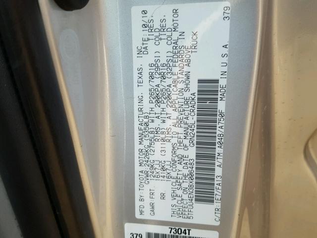 5TFUU4EN3BX006483 - 2011 TOYOTA TACOMA ACC ვერცხლისფერი ფოტო 10