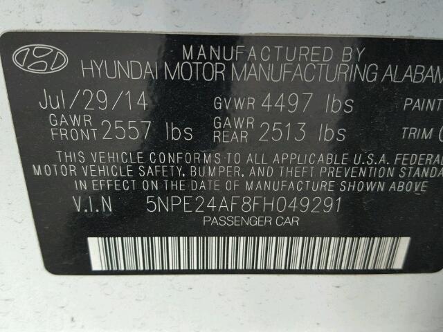 5NPE24AF8FH049291 - 2015 HYUNDAI SONATA SE WHITE photo 10