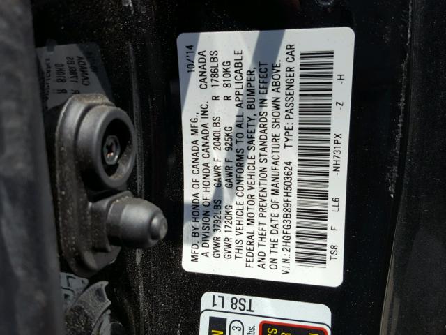 2HGFG3B89FH503624 - 2015 HONDA CIVIC EX BLACK photo 10