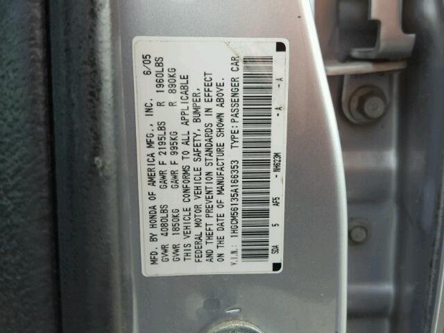 1HGCM56135A166353 - 2005 HONDA ACCORD DX SILVER photo 10