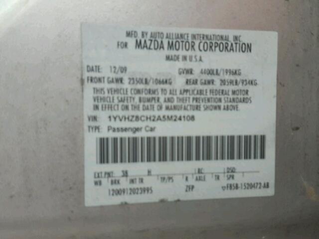 1YVHZ8CH2A5M24108 - 2010 MAZDA 6 GRAY photo 10