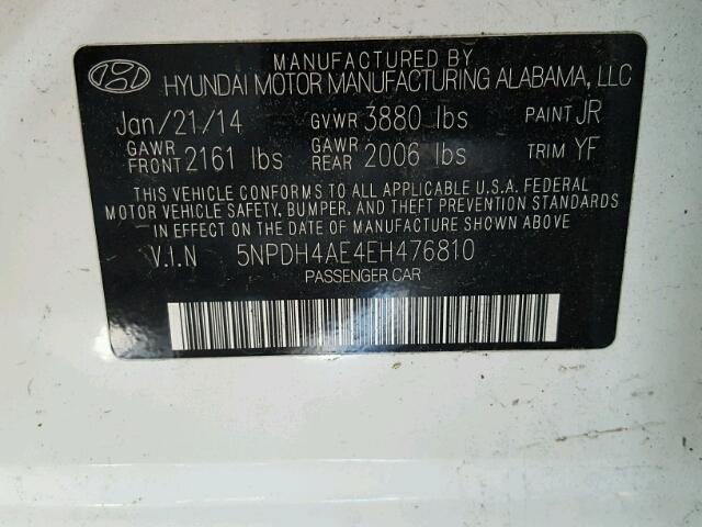 5NPDH4AE4EH476810 - 2014 HYUNDAI ELANTRA SE WHITE photo 10