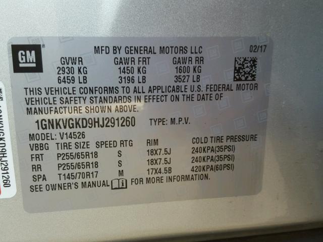 1GNKVGKD9HJ291260 - 2017 CHEVROLET TRAVERSE L SILVER photo 10