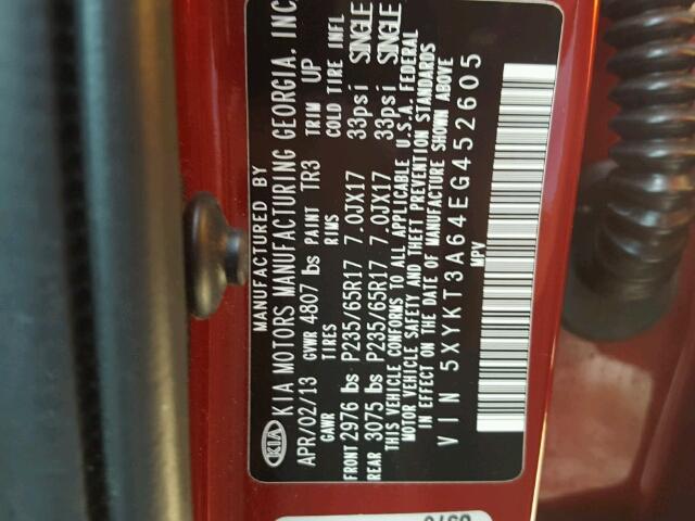 5XYKT3A64EG452605 - 2014 KIA SORENTO RED photo 10