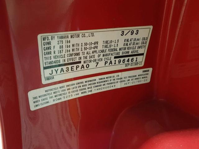 JYA3EPA07PA196461 - 1993 YAMAHA SH50 RED photo 10