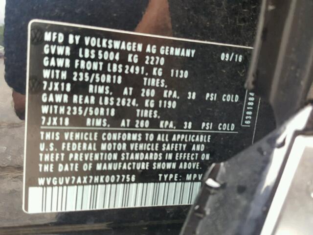WVGUV7AX7HK007756 - 2017 VOLKSWAGEN TIGUAN SPO შავი ფოტო 10