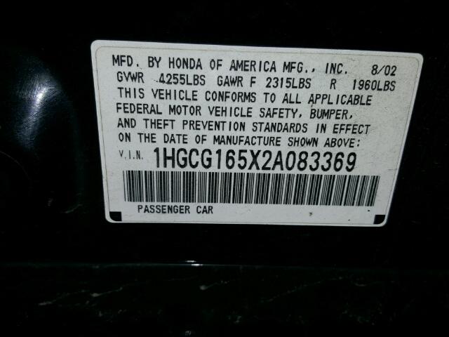 1HGCG165X2A083369 - 2002 HONDA ACCORD BLACK photo 10