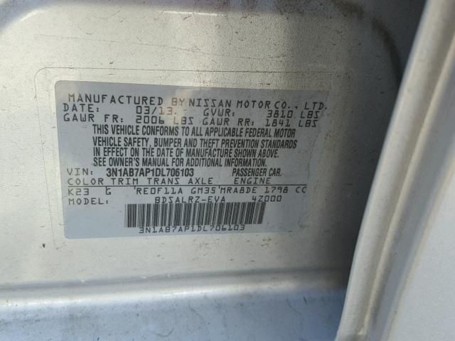 3N1AB7AP1DL706103 - 2013 NISSAN SENTRA S SILVER photo 10