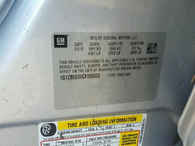 1G1ZB5E06CF288303 - 2012 CHEVROLET MALIBU LS SILVER photo 10