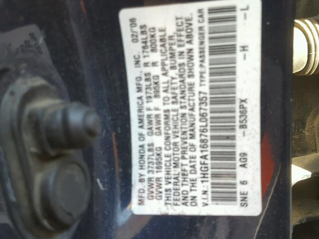 1HGFA16876L067357 - 2006 HONDA CIVIC EX BLUE photo 10