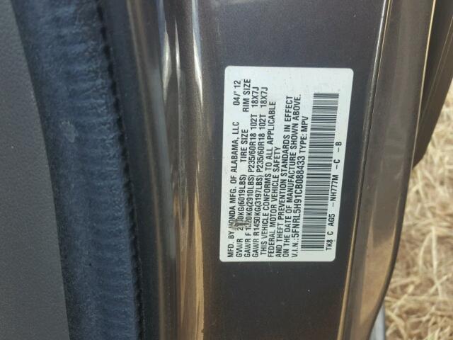 5FNRL5H91CB088433 - 2012 HONDA ODYSSEY GRAY photo 10