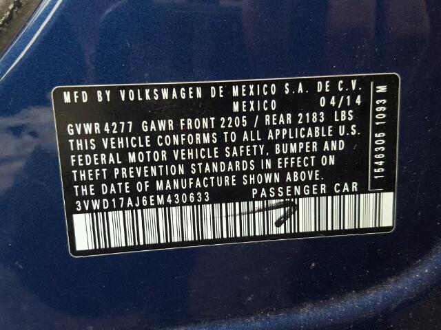 3VWD17AJ6EM430633 - 2014 VOLKSWAGEN JETTA SE 蓝色 照片 10