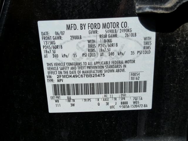 2FMDK49C67BB25475 - 2007 FORD EDGE SEL P BLACK photo 10