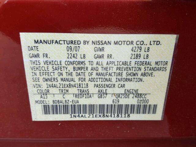 1N4AL21EX8N418118 - 2008 NISSAN ALTIMA RED photo 10