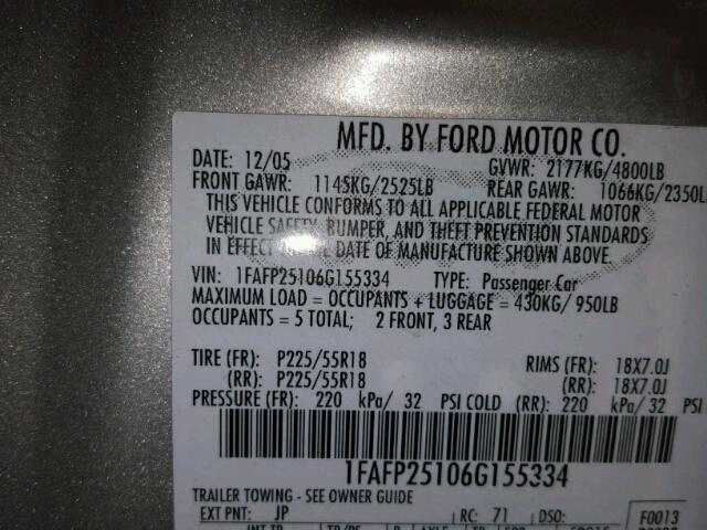 1FAFP25106G155334 - 2006 FORD FIVE HUNDR SILVER photo 10