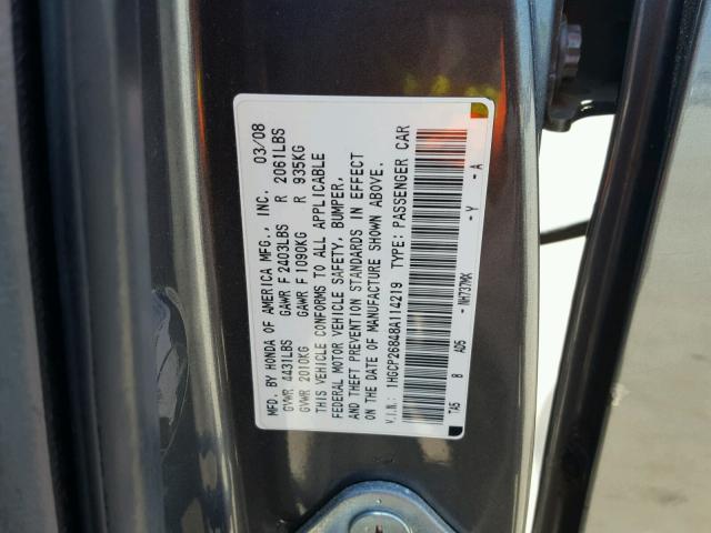 1HGCP26848A114219 - 2008 HONDA ACCORD EXL GRAY photo 10