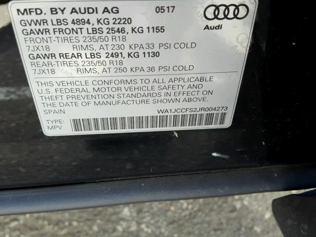 WA1JCCFS2JR004273 - 2018 AUDI Q3 PREMIUM BLACK photo 10