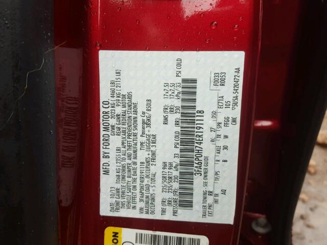 3FA6P0H74ER191118 - 2014 FORD FUSION SE RED photo 10