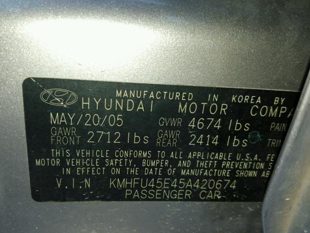 KMHFU45E45A420674 - 2005 HYUNDAI XG 350 GRAY photo 10