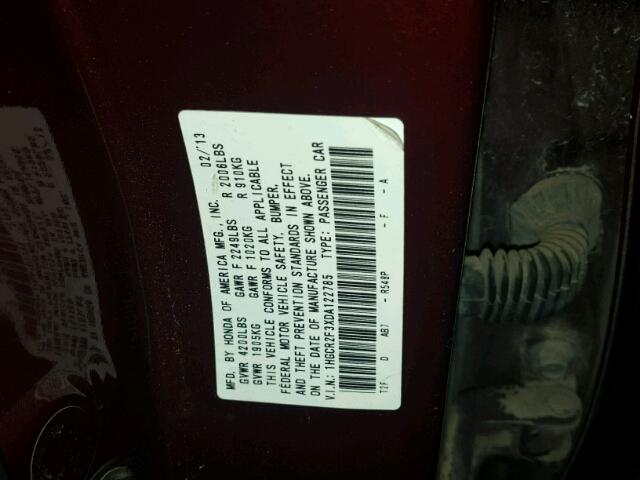 1HGCR2F3XDA122785 - 2013 HONDA ACCORD LX MAROON photo 10