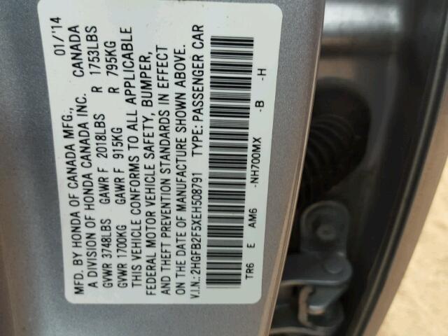 2HGFB2F5XEH508791 - 2014 HONDA CIVIC GRAY photo 10