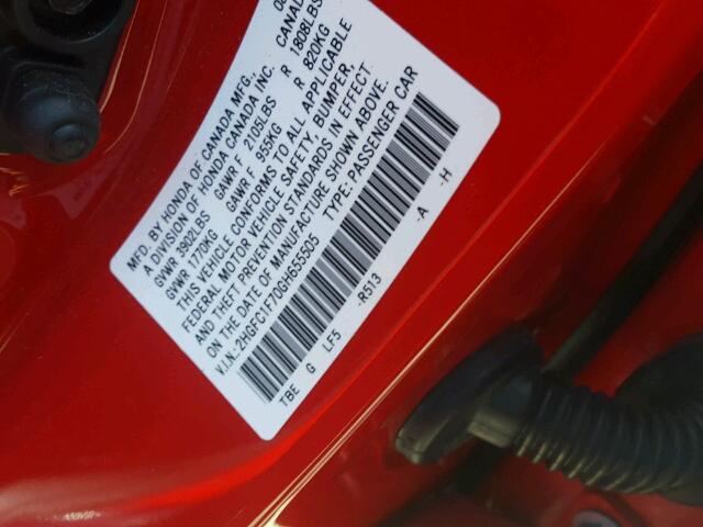 2HGFC1F70GH655505 - 2016 HONDA CIVIC EXL RED photo 10