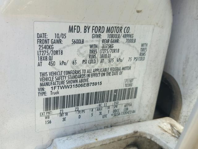 1FTWW31506EB75915 - 2006 FORD F350 SRW S WHITE photo 10