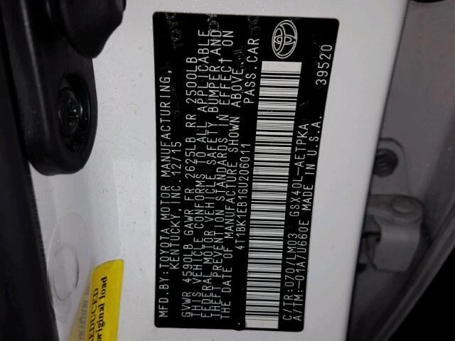 4T1BK1EB1GU206011 - 2016 TOYOTA AVALON XLE WHITE photo 10