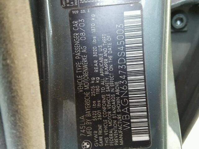 WBAGN63473DS45003 - 2003 BMW 745 GRAY photo 10