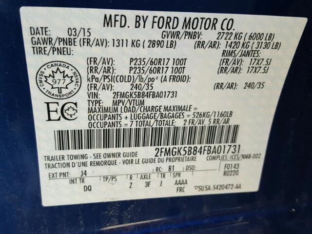 2FMGK5B84FBA01731 - 2015 FORD FLEX SE BLUE photo 10