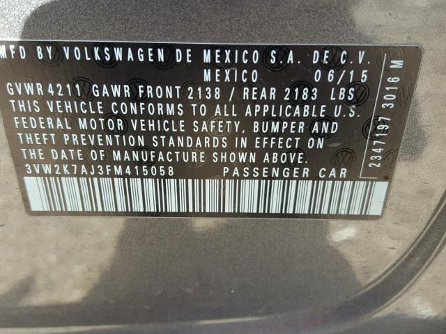 3VW2K7AJ3FM415058 - 2015 VOLKSWAGEN JETTA BASE Մոխրագույն լուսանկար 10