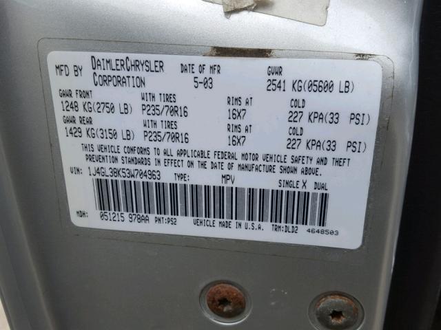 1J4GL38K53W704963 - 2003 JEEP LIBERTY RE SILVER photo 10