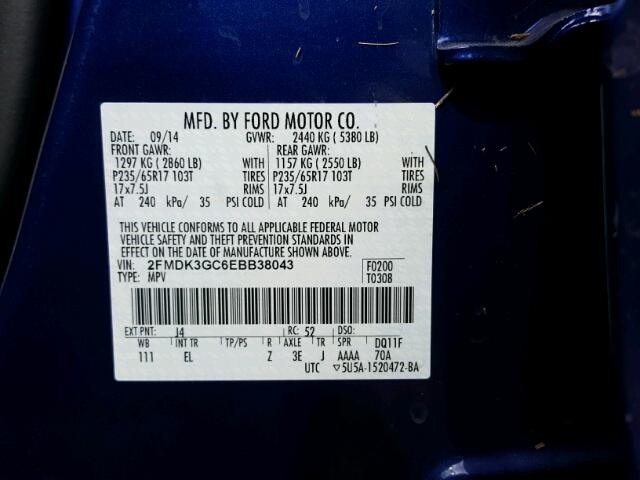 2FMDK3GC6EBB38043 - 2014 FORD EDGE SE BLUE photo 10