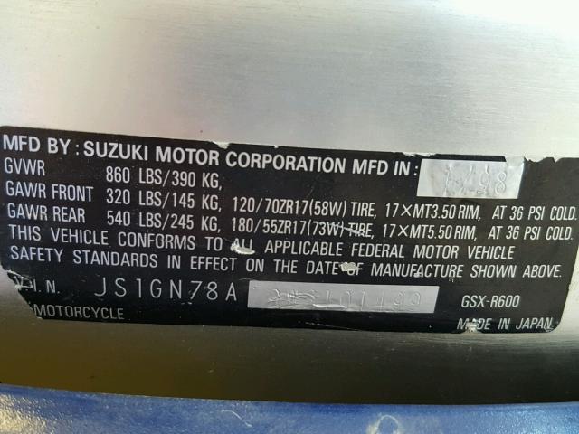 JS1GN78A9W2101499 - 1998 SUZUKI GSX-R600 BLUE photo 10