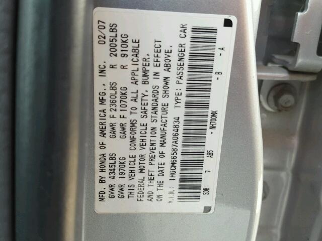 1HGCM66587A064834 - 2007 HONDA ACCORD EX SILVER photo 10