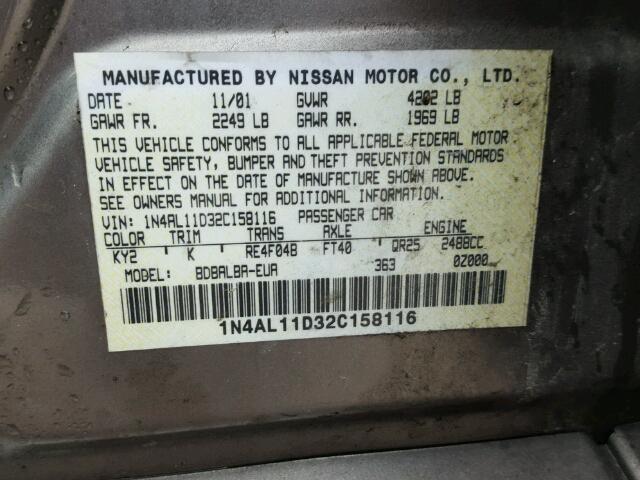 1N4AL11D32C158116 - 2002 NISSAN ALTIMA BAS GRAY photo 10