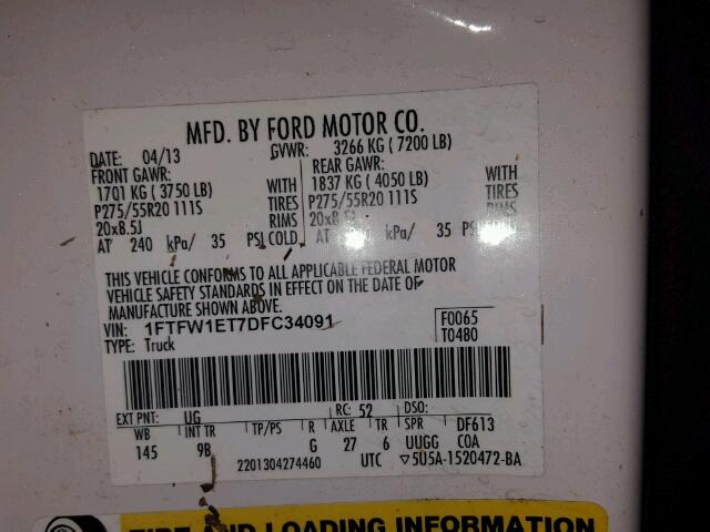 1FTFW1ET7DFC34091 - 2013 FORD F150 SUPER WHITE photo 10