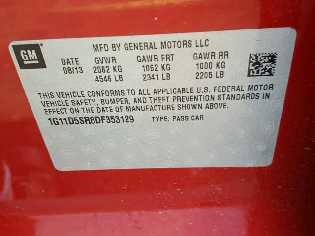 1G11D5SR8DF353129 - 2013 CHEVROLET MALIBU 1LT 红色 照片 10