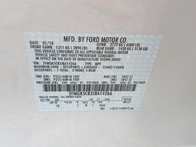 2FMGK5C83JBA14266 - 2018 FORD FLEX SEL Ağ foto 10
