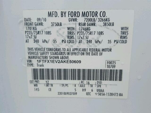 1FTFX1EV2AKE50609 - 2010 FORD F150 SUPER WHITE photo 10