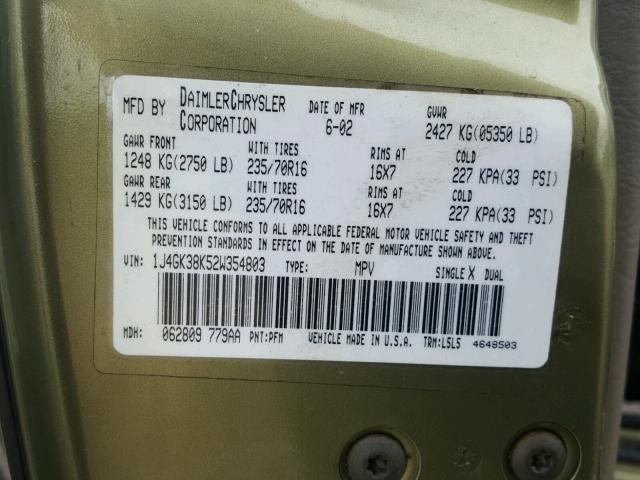 1J4GK38K52W354803 - 2002 JEEP LIBERTY RE GREEN photo 10