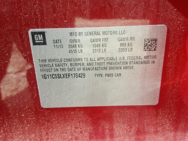 1G11C5SLXEF178429 - 2014 CHEVROLET MALIBU 1LT 红色 照片 10