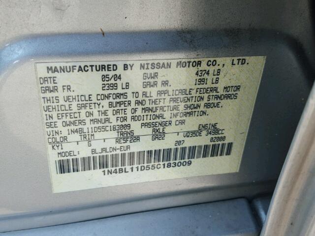 1N4BL11D55C183009 - 2005 NISSAN ALTIMA SE SILVER photo 10