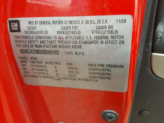 3GNCA33B29S599182 - 2009 CHEVROLET HHR LS RED photo 10