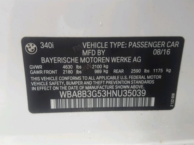 WBA8B3G53HNU35039 - 2017 BMW 340 I Blanco foto 10