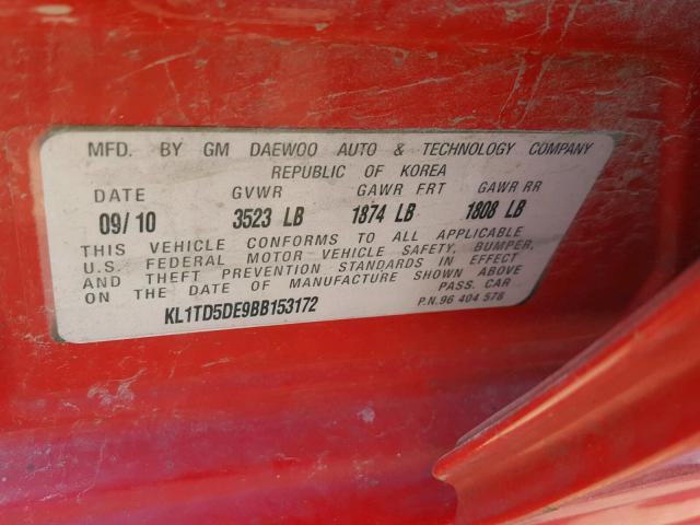 KL1TD5DE9BB153172 - 2011 CHEVROLET AVEO LS RED photo 10